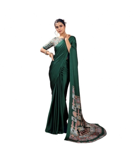 Generic Women's Satin Crepe Printed Saree With Unstitched Blouse 5.5Mtr (Bottle Green)