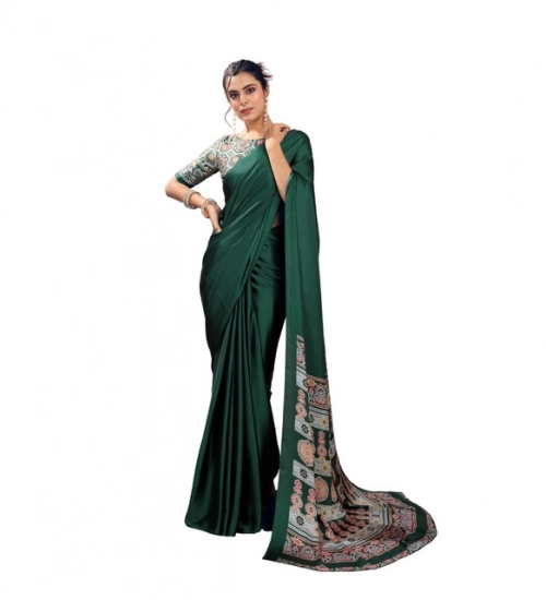 Generic Women's Satin Crepe Printed Saree With Unstitched Blouse 5.5Mtr (Bottle Green)