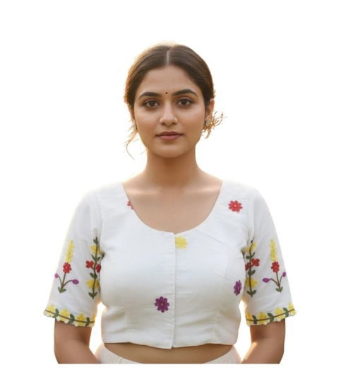 Generic Women's Cambric Cotton Round Neck Padded Blouse (White, 38 Ready Size (Self-Alterable 36–40)