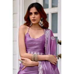 Generic Women's Faux Shimmer Geometric Ready to wear Saree With Unstitched Blouse 5.5Mtr (Lavender)