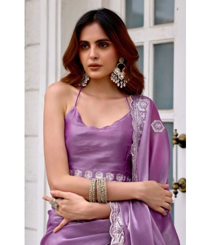 Generic Women's Faux Shimmer Geometric Ready to wear Saree With Unstitched Blouse 5.5Mtr (Lavender)