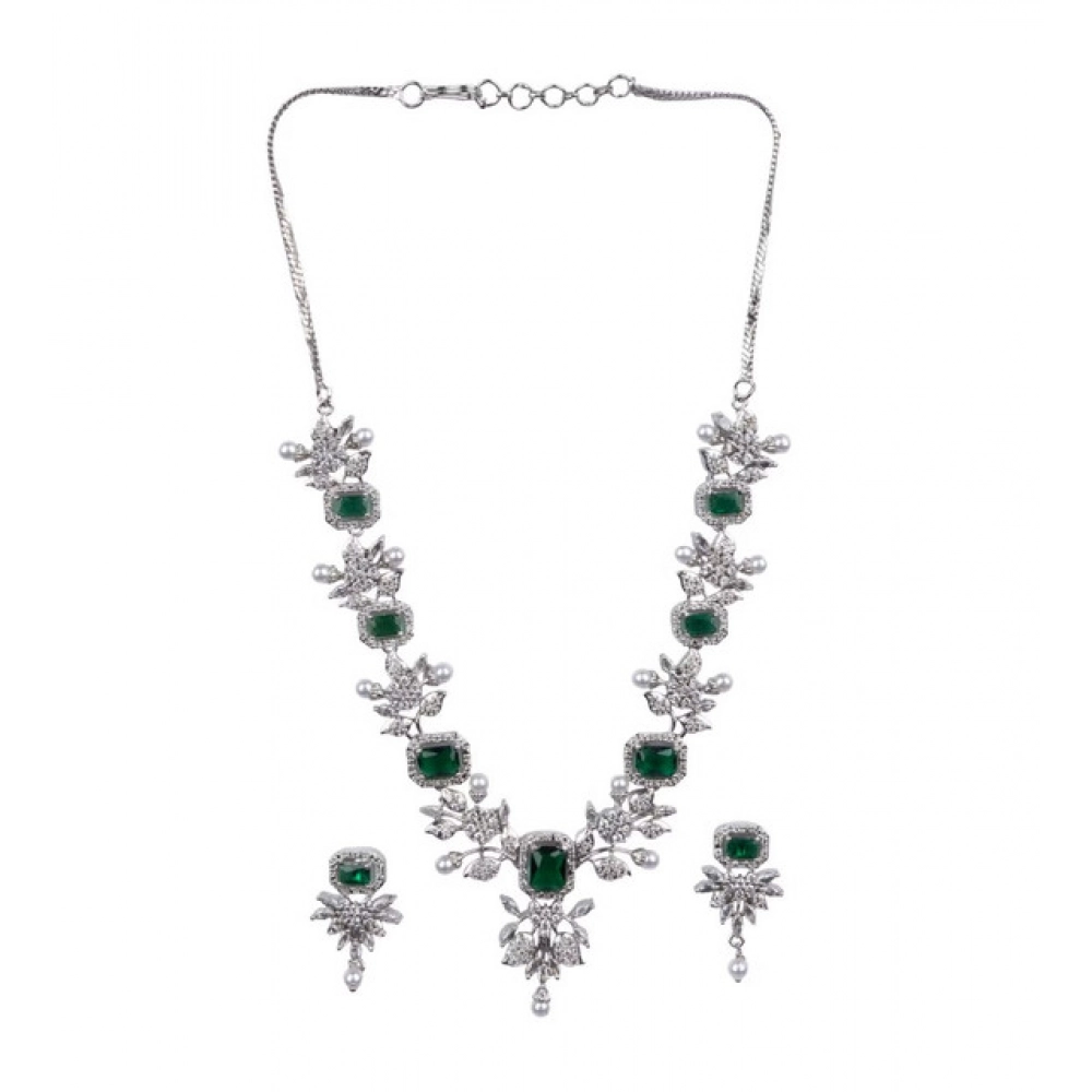 Generic Women's Brass Silver Plated Necklace set (Green)