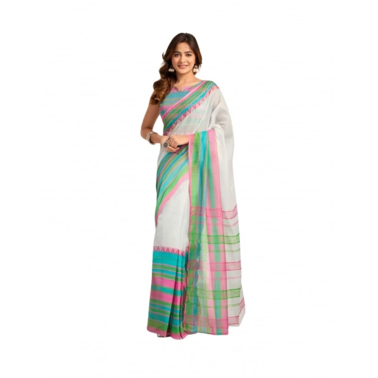 Generic Women's Faux_Linen Printed Ready-to-Wear Saree With Unstitched Blouse 5.5 Mtr (White)
