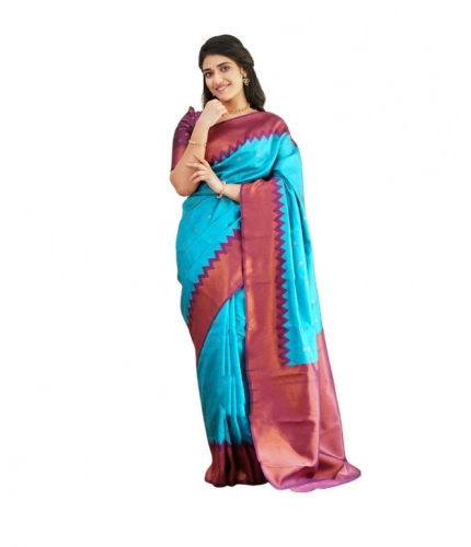 Generic Women's Soft Lichi Silk Printed Saree With Unstitched Blouse 5.5Mtr (Sky-Blue)
