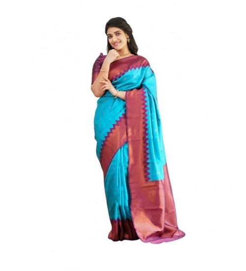 Generic Women's Soft Lichi Silk Printed Saree With Unstitched Blouse 5.5Mtr (Sky-Blue)