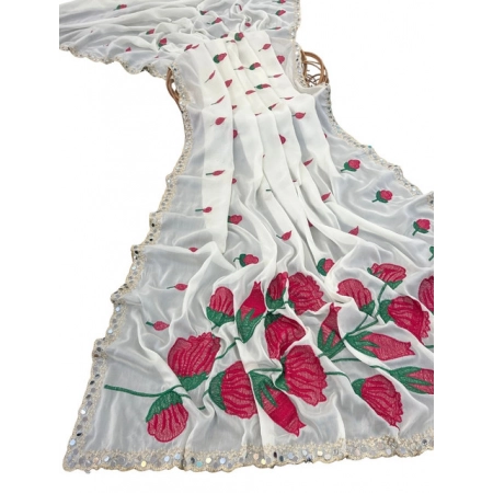 Generic Women's Georgette Embellished Saree With Unstitched Blouse 5.5Mtr (Cream-Red) Generic Women's Georgette Embellished Saree With Unstitched Blouse 5.5Mtr (Cream-Red)