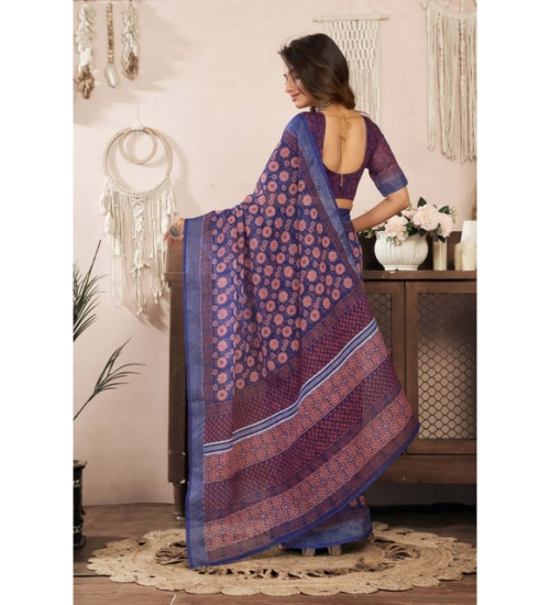 Generic Women's Linen Cotton Printed Ready To Wear Saree With Unstitched Blouse 5.5 Mtr (Dark_Navy_Blue)