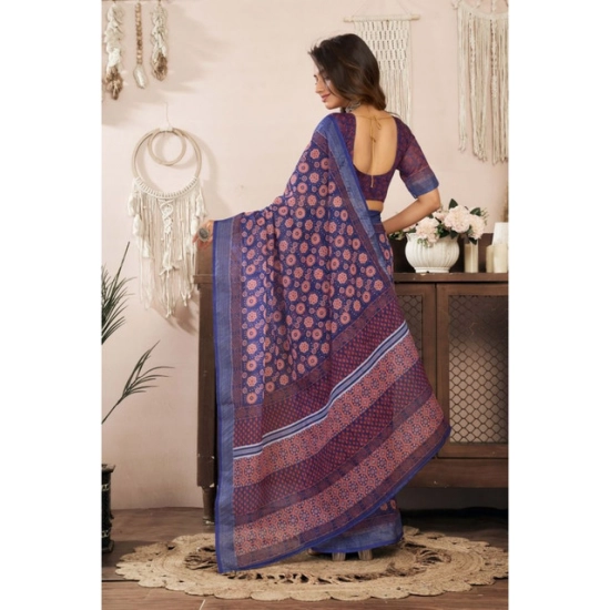 Generic Women's Linen Cotton Printed Ready To Wear Saree With Unstitched Blouse 5.5 Mtr (Dark_Navy_Blue)