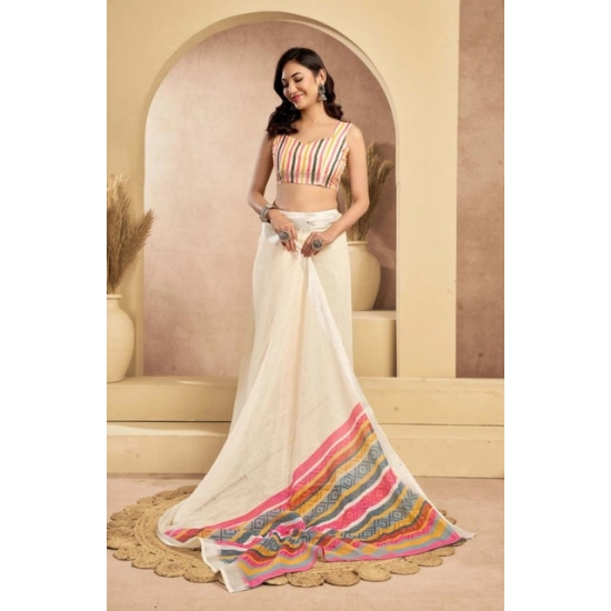 Generic Women's Faux Linen Floral Print Ready to wear Saree With Unstitched Blouse 5.5Mtr (Cream) Generic Women's Faux Linen Floral Print Ready to wear Saree With Unstitched Blouse 5.5Mtr (Cream)