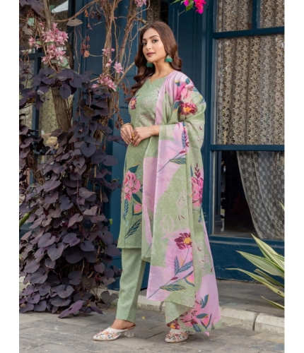 Generic Women's Cotton Blend Printed Kurti With Pant Dupatta Set (Mehendi)