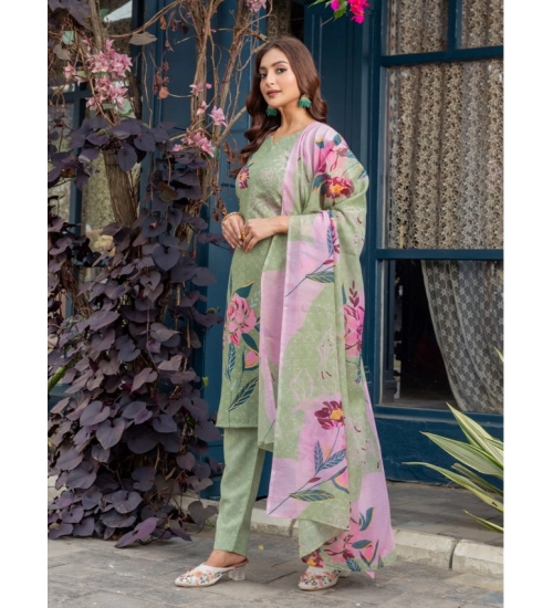Generic Women's Cotton Blend Printed Kurti With Pant Dupatta Set (Mehendi)