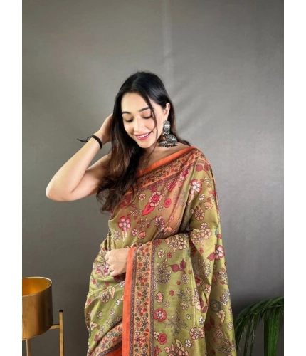 Generic Women's Linen Printed Saree With Unstitched Blouse 5.5Mtr (Sea Green)