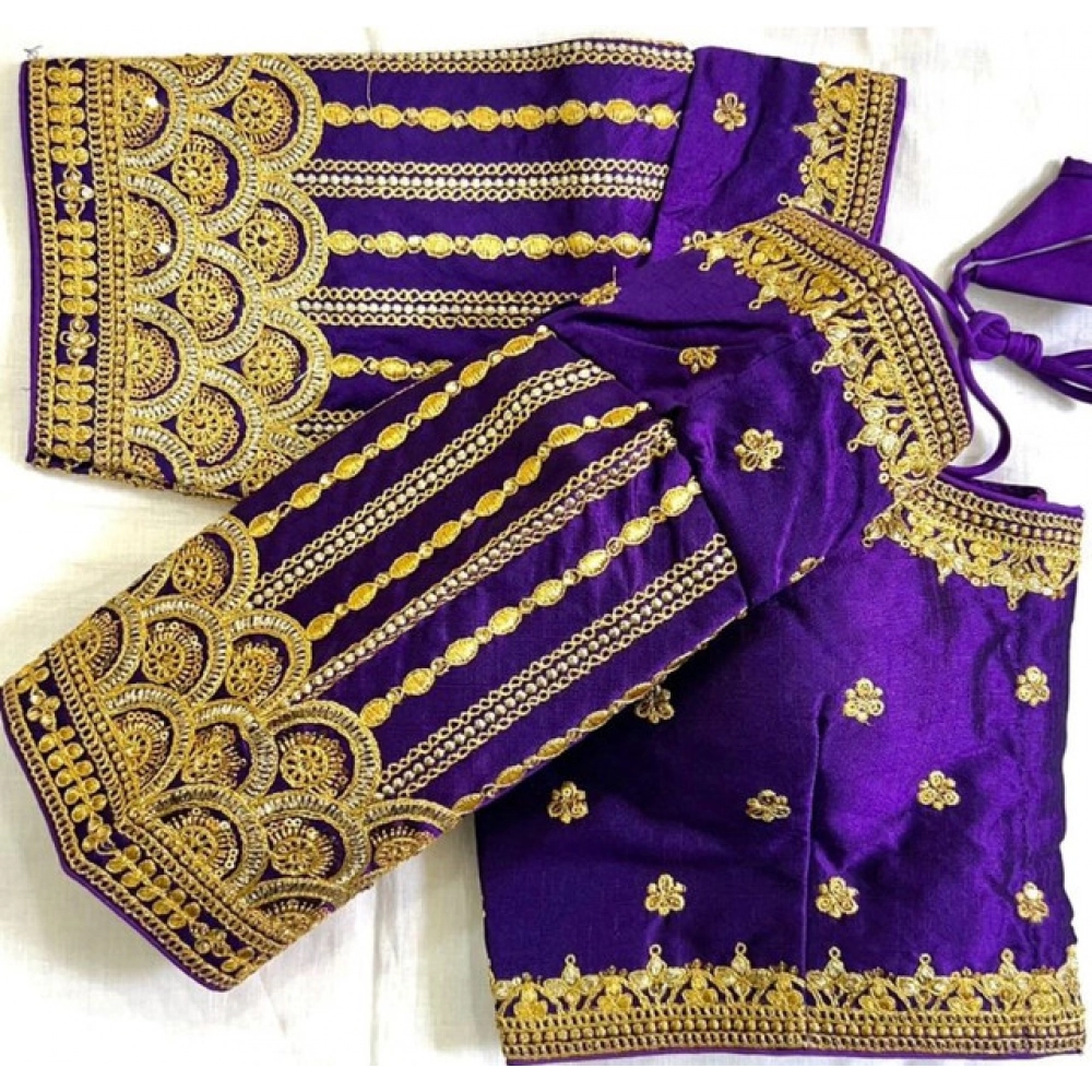 Women's Phantom Silk Embroidered Designer Neck Padded Blouse (Purple 38 Ready (Alterable up to 42)