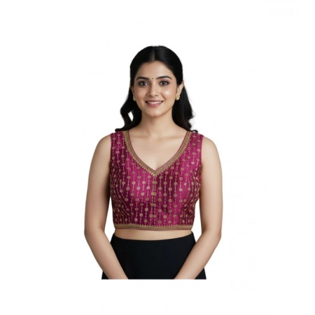 Generic Women's Silk Blend Embroidered V-Neck Non Padded Blouse (Dark Wine 38 Ready (Alterable up to 42)