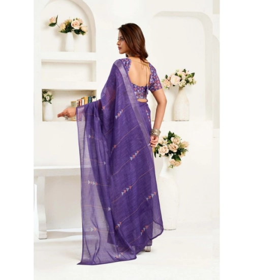Generic Women's Linen Cotton Printed Ready To Wear Saree With Unstitched Blouse 5.5 Mtr (Purple)