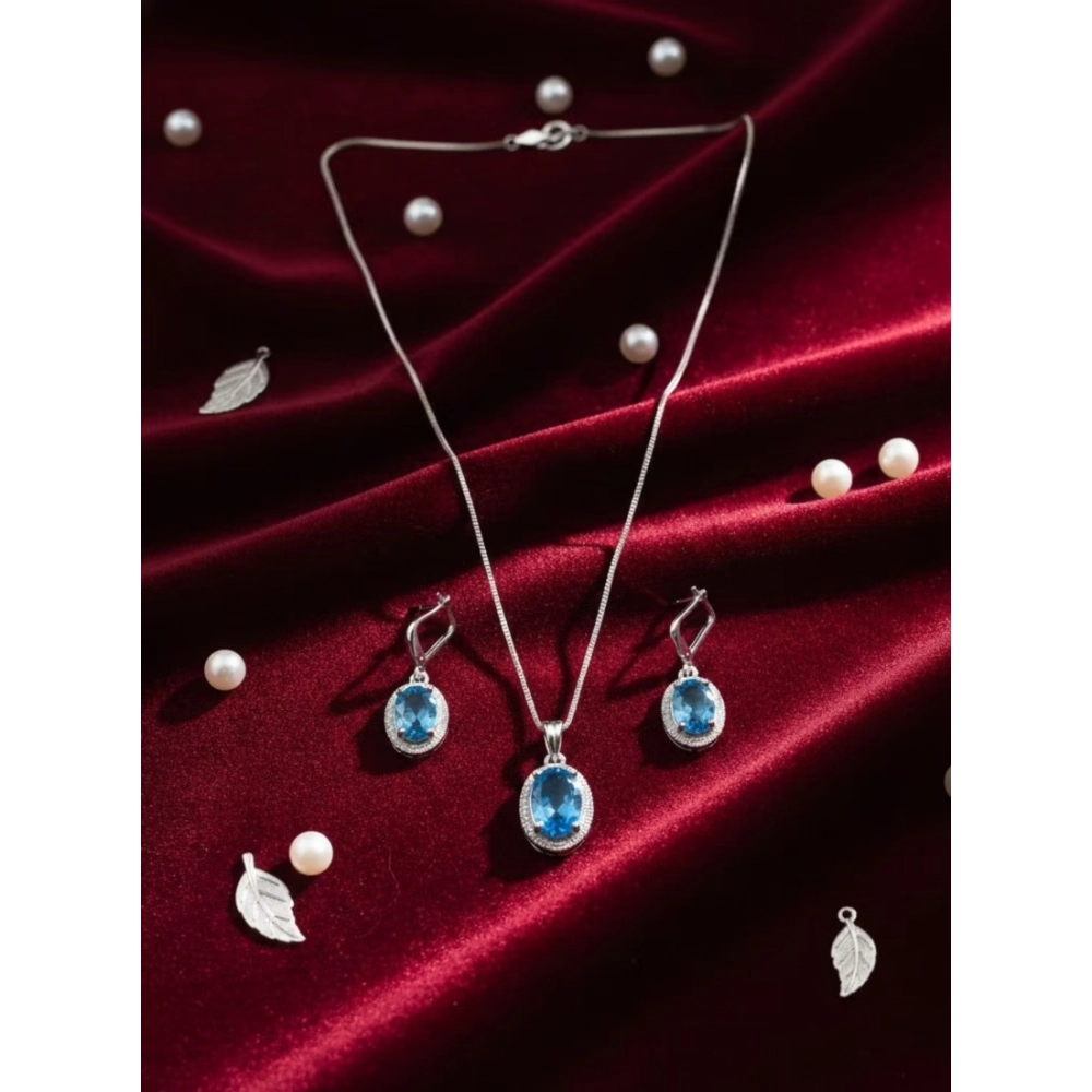 Generic Women's Brass Silver Plated Pendant Set (Blue)