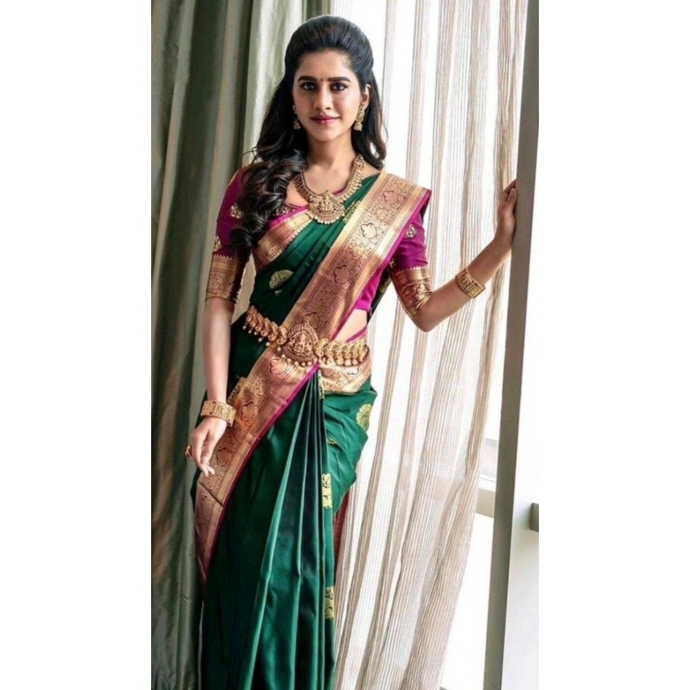 Generic Women's Soft Litchi Silk Jacquard Work Saree With Unstitched Blouse 5.5Mtr (Green)