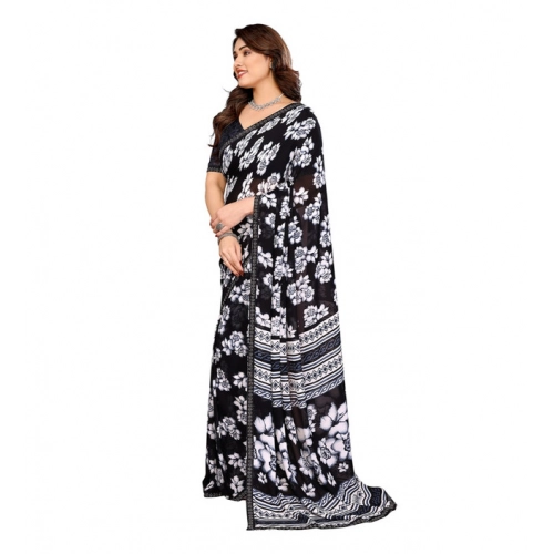 Women's Georgette Printed Saree With Unstitched Blouse 5.5Mtr (Black) Women's Georgette Printed Saree With Unstitched Blouse 5.5Mtr (Black)