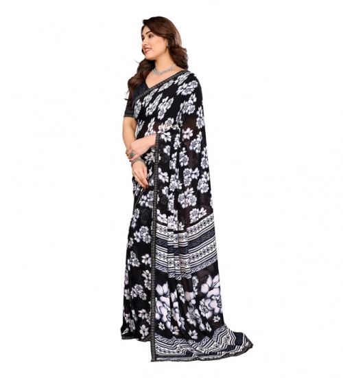 Generic Women's Georgette Printed Saree With Unstitched Blouse 5.5Mtr (Black)