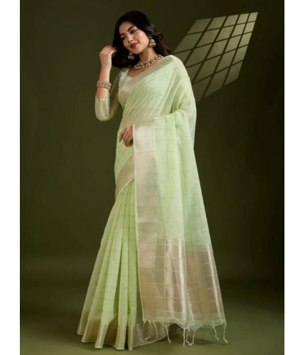 Generic Women's Tissue Checks_With_Buttis Saree With Unstitched Blouse 5.5Mtr (Light_Green)