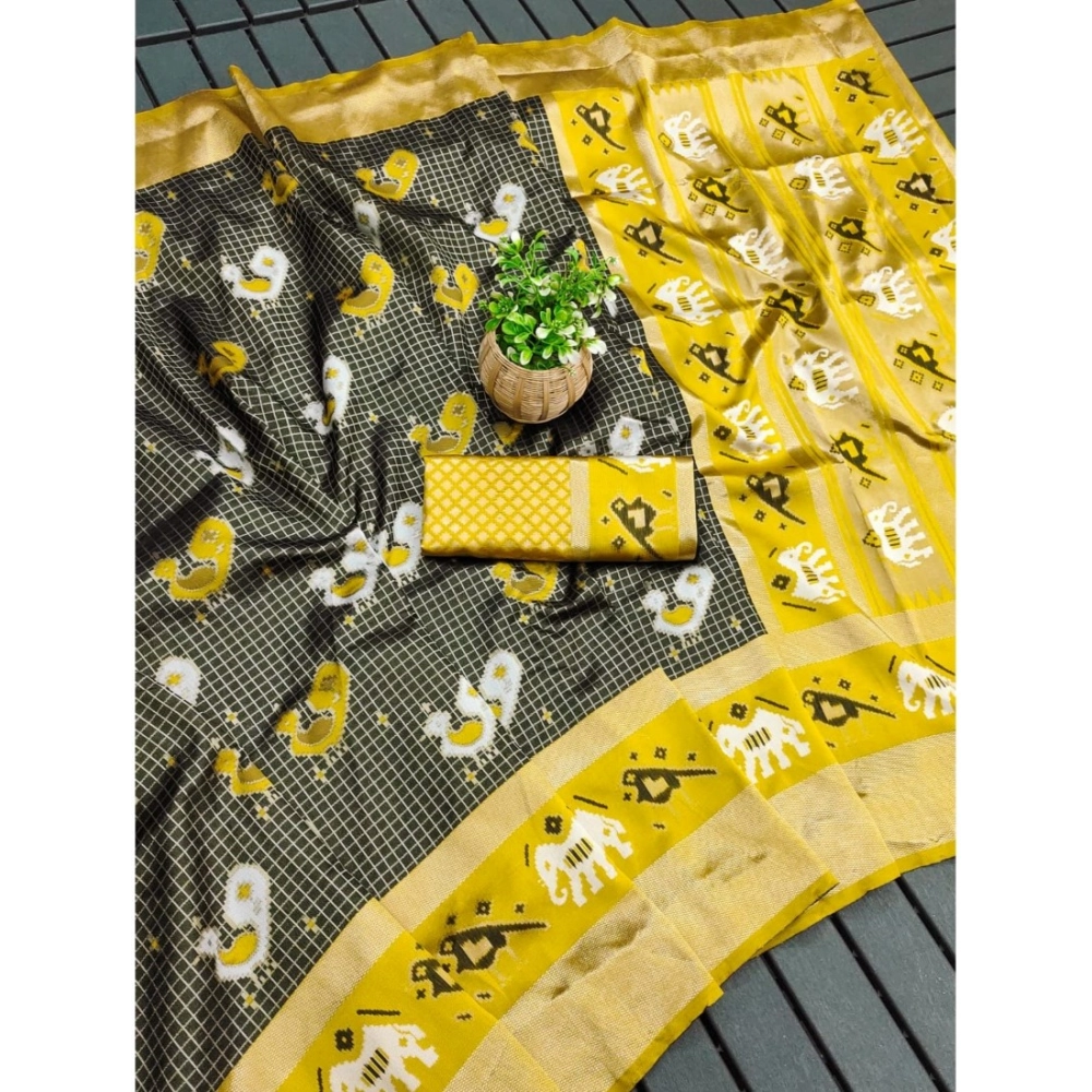 Generic Women's Soft Litchi Silk Jacquard Work Saree With Unstitched Blouse 5.5Mtr (Black)