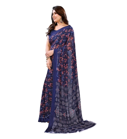 Generic Women's Georgette Printed Saree With Unstitched Blouse 5.5Mtr (Blue)