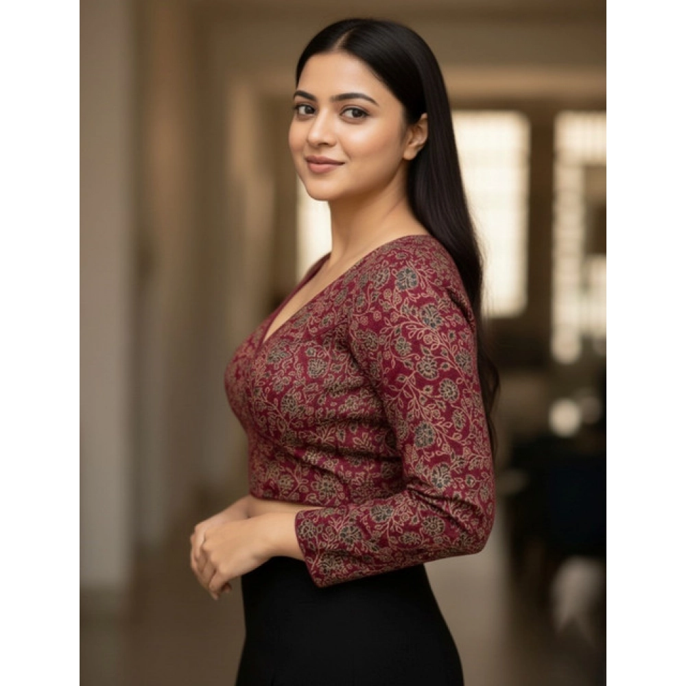 Generic Women's Ajrakh Cotton Printed V-Neck Padded Blouse (Maroon 38 Ready (Self Alterable 36–40) Generic Women's Ajrakh Cotton Printed V-Neck Padded Blouse (Maroon 38 Ready (Self Alterable 36–40)