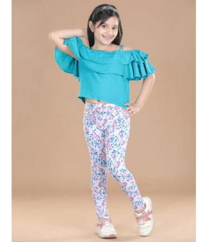 Generic Girl's Cotton Lycra Floral Elasticated Jeggings (White-Turquoise Blue)