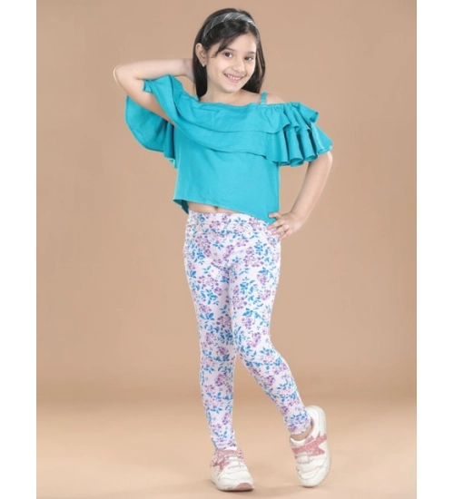 Generic Girl's Cotton Lycra Floral Elasticated Jeggings (White-Turquoise Blue)