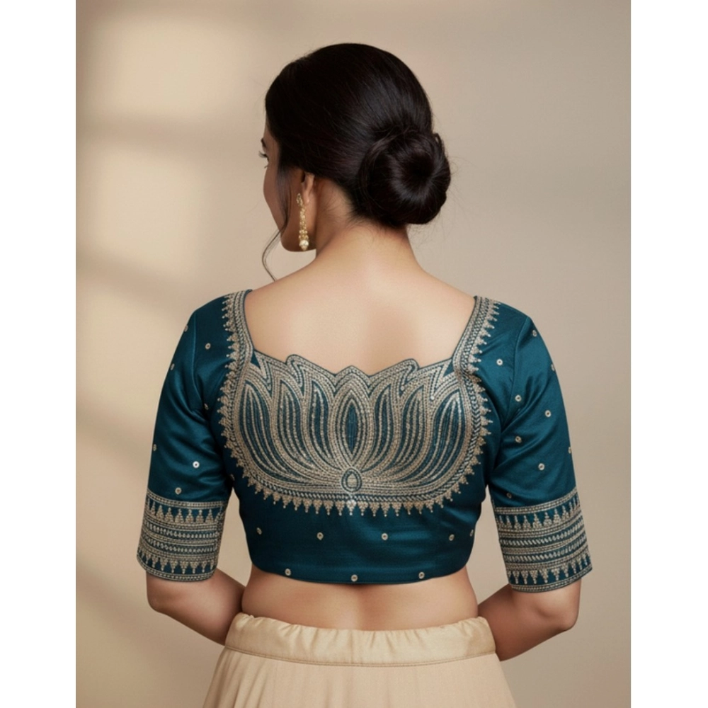 Generic Women's Vichitra Silk V Neck Padded Blouse (Teal, 38 Ready Size (Self-Alterable 36–40)