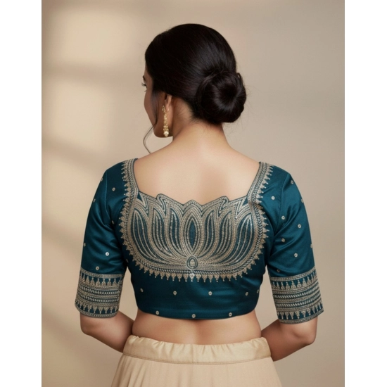 Generic Women's Vichitra Silk V Neck Padded Blouse (Teal, 38 Ready Size (Self-Alterable 36–40)