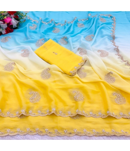 Generic Women's Digital Printed Geogette Saree With Unstitched Blouse (Yellow, 5-6 Mtrs) Generic Women's Digital Printed Geogette Saree With Unstitched Blouse (Yellow, 5-6 Mtrs)