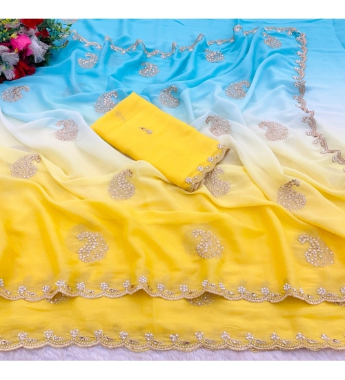 Generic Women's Digital Printed  Geogette Saree With Unstitched Blouse (Yellow, 5-6 Mtrs)