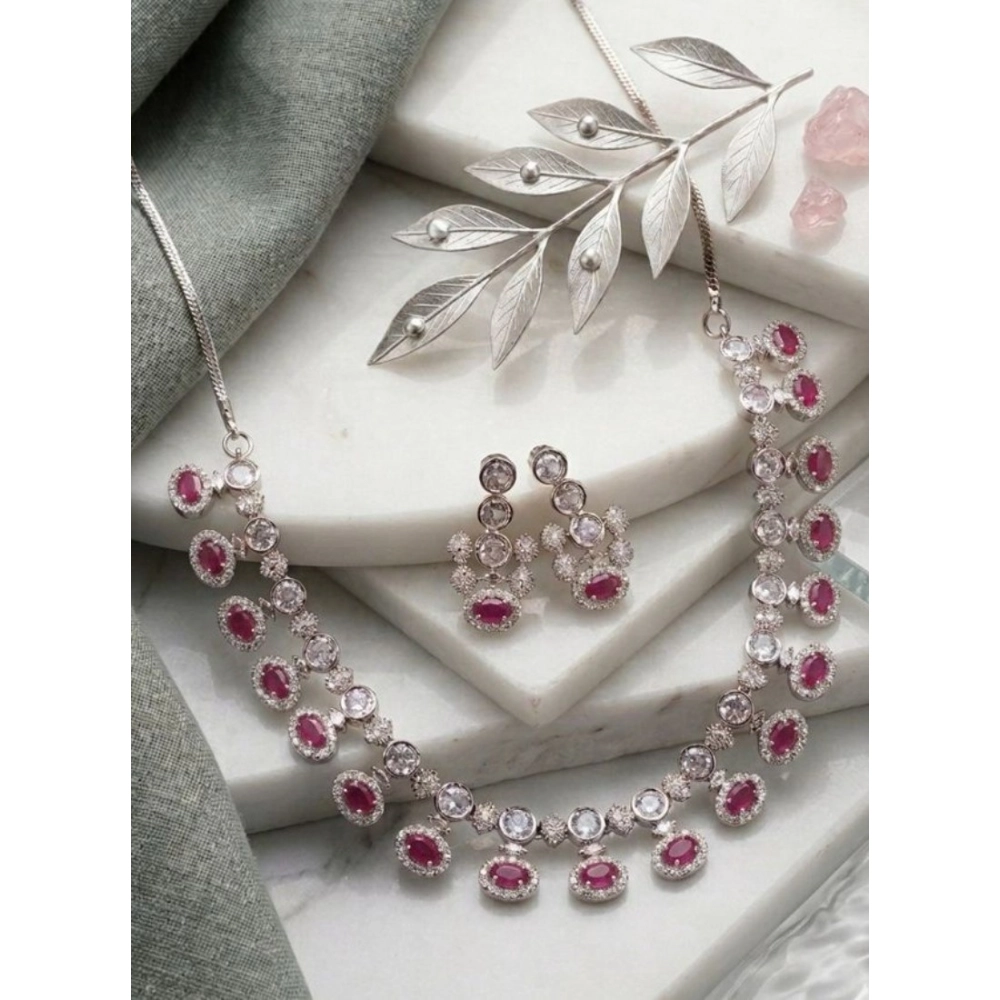 Generic Women's Brass Silver Plated Necklace set (Pink)