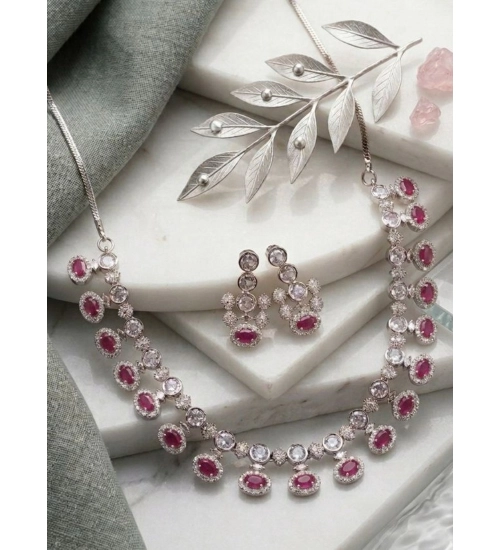 Generic Women's Brass Silver Plated Necklace set (Pink)