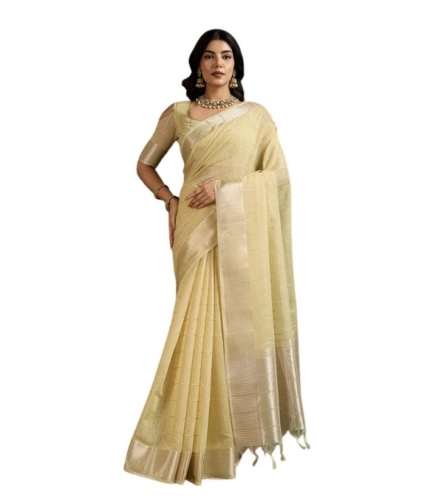 Generic Women's Tissue Checks_With_Buttis Saree With Unstitched Blouse 5.5Mtr (Yellow)