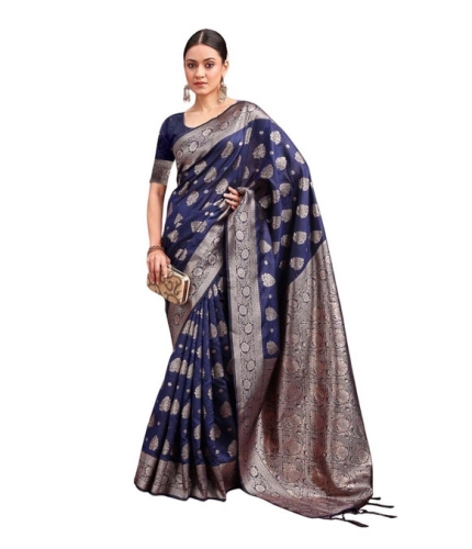 Generic Women's Banarasi Silk Printed Saree With Unstitched Blouse 5.5Mtr (Navy Blue)