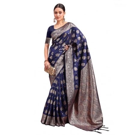 Generic Women's Banarasi Silk Printed Saree With Unstitched Blouse 5.5Mtr (Navy Blue)