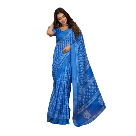 Generic Women's Linen Cotton Printed Ready To Wear Saree With Unstitched Blouse 5.5 Mtr (Blue)