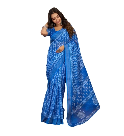 Generic Women's Linen Cotton Printed Ready To Wear Saree With Unstitched Blouse 5.5 Mtr (Blue)