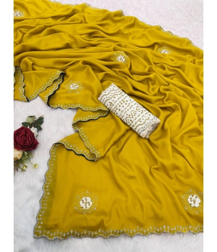 Generic Women's Chiffon Butti Dotted Saree With Unstitched Blouse 5.5Mtr (Yellow)