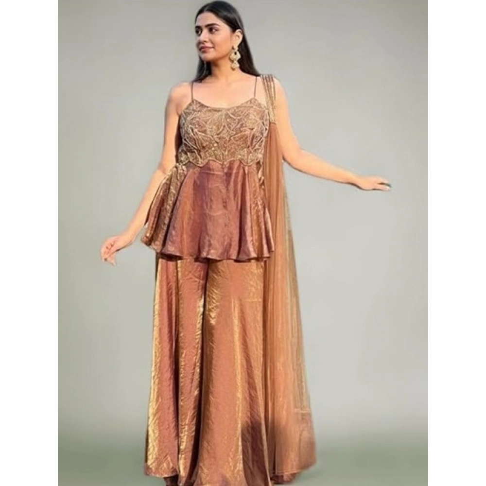 Generic Women's Silk Embroidered Sleeveless Round Kurti With Palazzo Pant and Dupatta Set (Brown) Generic Women's Silk Embroidered Sleeveless Round Kurti With Palazzo Pant and Dupatta Set (Brown)