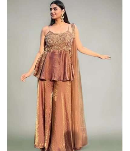 Generic Women's Silk Embroidered Sleeveless Round Kurti With Palazzo Pant and Dupatta Set (Brown)