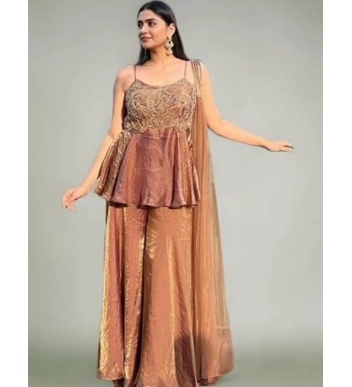 Generic Women's Silk Embroidered Sleeveless Round Kurti With Palazzo Pant and Dupatta Set (Brown) Generic Women's Silk Embroidered Sleeveless Round Kurti With Palazzo Pant and Dupatta Set (Brown)
