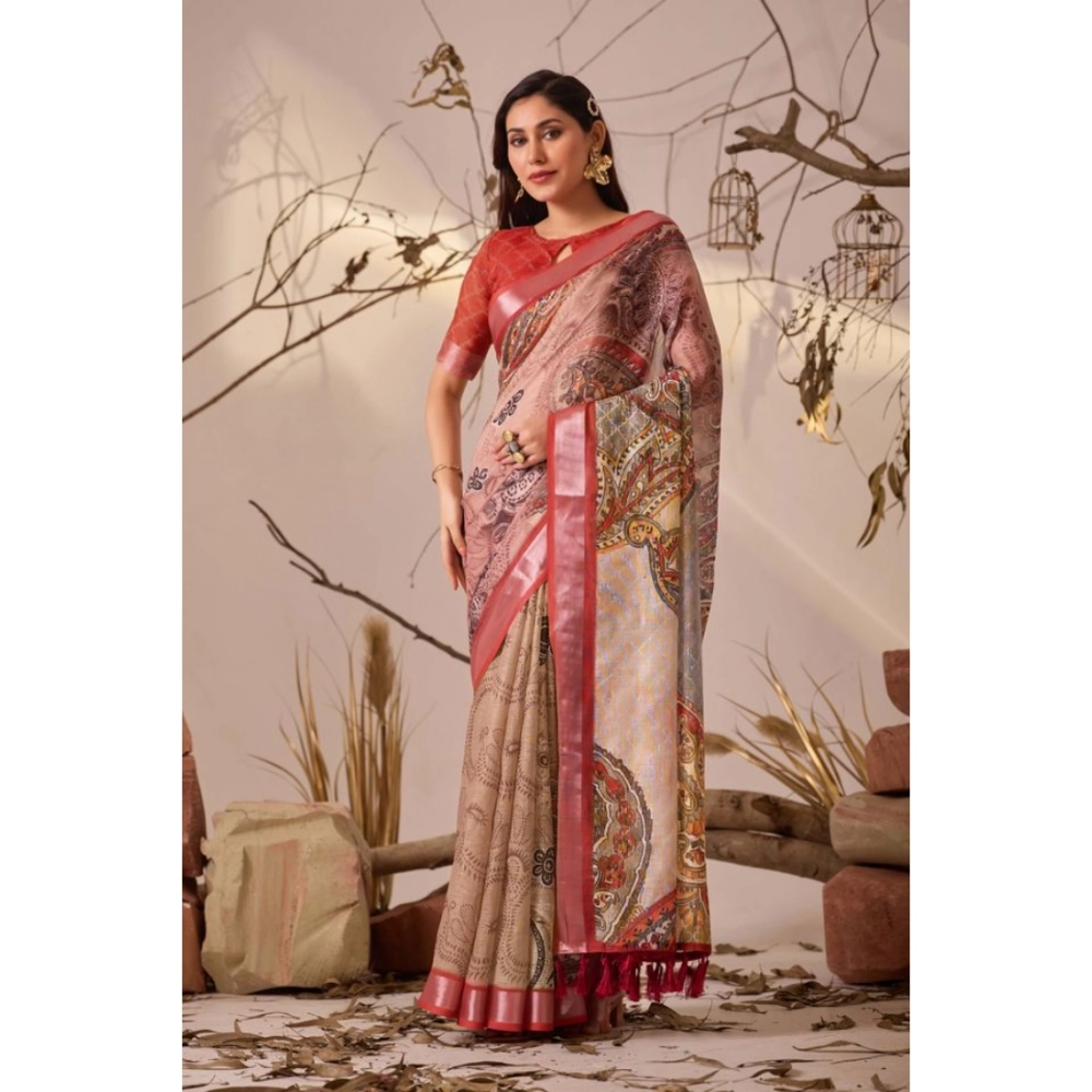 Generic Women's Faux_Linen Printed Saree With Unstitched Blouse 5.5Mtr (Light_Beige)
