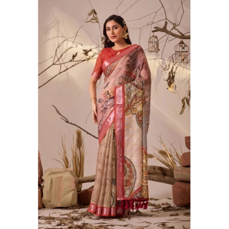 Generic Women's Faux_Linen Printed Saree With Unstitched Blouse 5.5Mtr (Light_Beige)