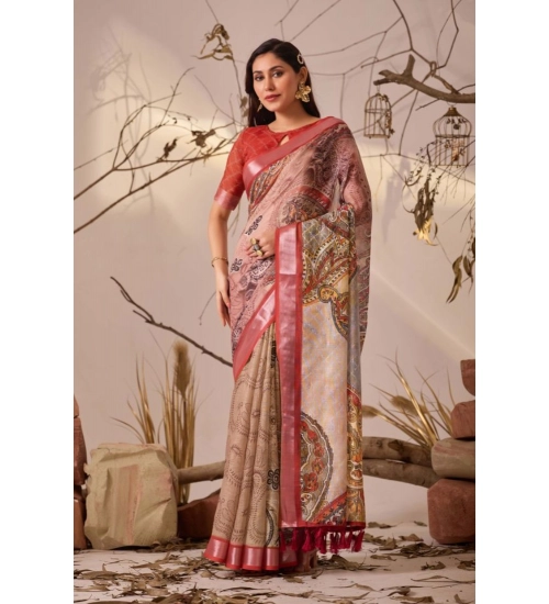 Generic Women's Faux_Linen Printed Saree With Unstitched Blouse 5.5Mtr (Light_Beige)