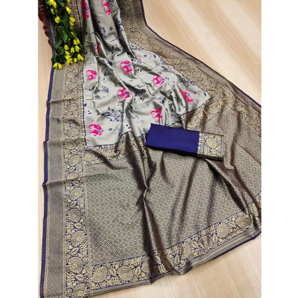 Generic Women's Soft Litchi Silk Jacquard Work Saree With Unstitched Blouse 5.5Mtr (Blue)