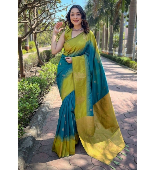 Generic Women's Soft Lichi Silk Printed Saree With Unstitched Blouse 5.5Mtr (Green)