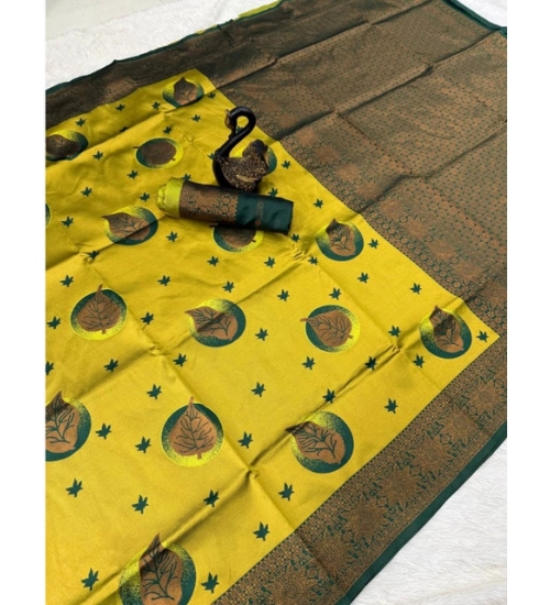 Generic Women's Banarasi Silk Jacquard Work Saree With Unstitched Blouse 5.5Mtr (Yellow)